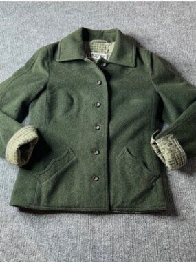 Vtg Bogner Wool Button Up Jacket Womens M Green Casual Flannel Plaid Lined Coat